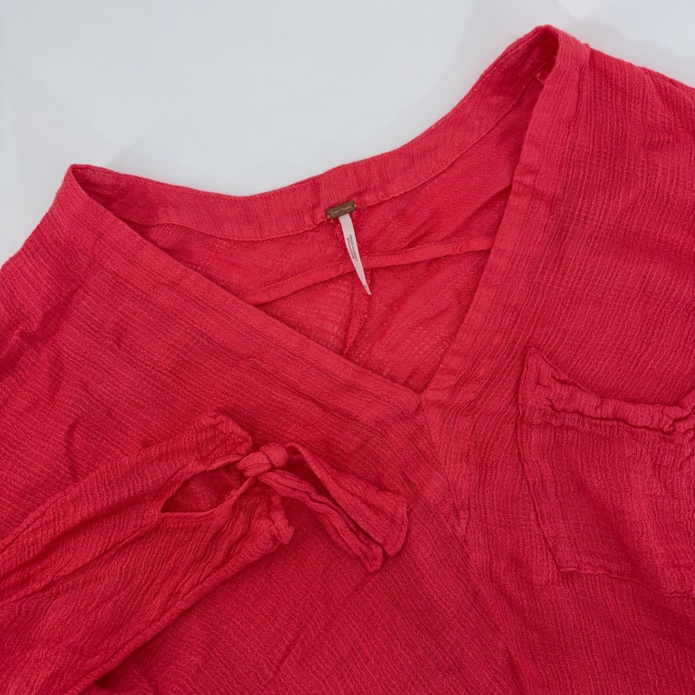 Free People We The Free Red Gauze V-Neck Tie Cuff Oversized Blouse Top Medium
